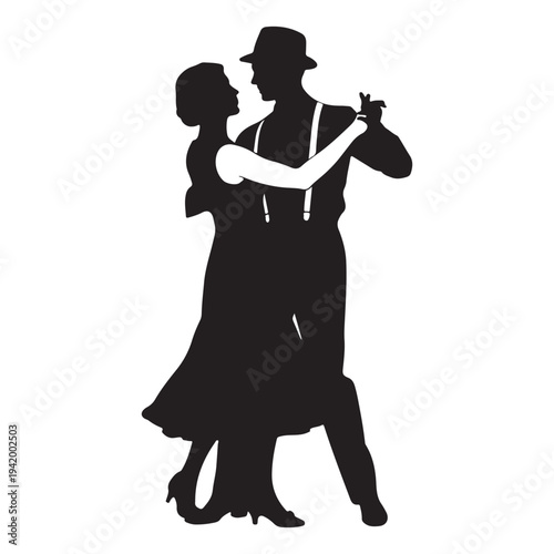 A romantic couple elegantly dances closely together captured in a striking silhouette