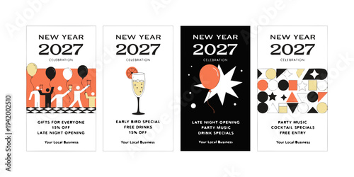 "New Year 2027 Celebration Flyers – Party Music, Free Drinks, Early Bird Specials & Festive Bar Event Graphics"
