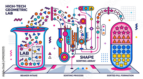 High-Tech Geometric Shape Sorting and Pill Formation Process Isolated on Transparent Background