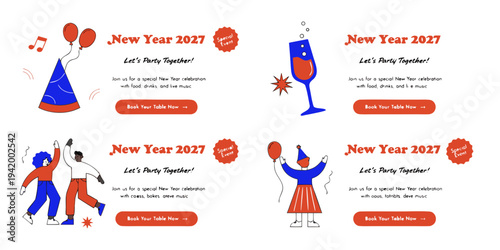 "New Year 2027 Party Invitations – Festive Celebration Graphics with Music, Dance, Drinks & Colorful Designs for Special Event Promotions"