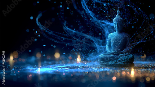 A serene depiction of a meditating deity, emanating spiritual energy amidst a mystical aura