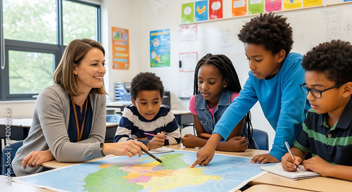 Interactive Classroom Learning: A dedicated teacher guides a small group of diverse young students as they engage with a large world map, fostering curiosity and a passion for geography.