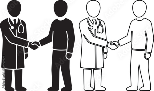 Minimalist black vector silhouette and line art icons of a doctor and patient shaking hands, representing healthcare trust, clinical consultation, and treatment agreement.