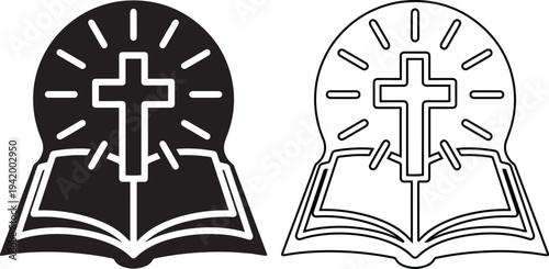 Minimalist black vector silhouette and line art icons of an open holy bible book with a glowing christian cross, representing religious faith, church worship, and spirituality.