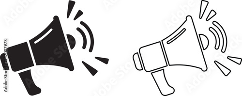 Minimalist black vector silhouette and line art icons of a loud megaphone broadcasting sound waves, representing public announcements, marketing promotion, and communication alerts.