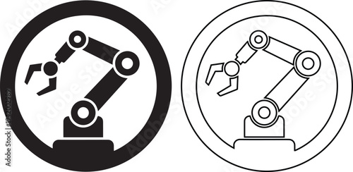 Minimalist black vector silhouette and line art icons of an industrial robot arm in a circle, representing factory automation, mechanical engineering, and smart manufacturing technology.