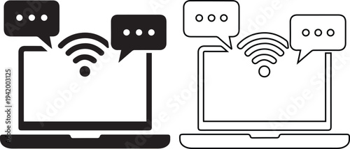 Minimalist black vector silhouette and line art icons of a laptop computer with a wifi signal and chat bubbles, representing online communication and internet messaging.