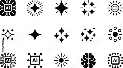 Set of Artificial Intelligence Vector Icons Collection with AI Brain, Robot, Neural Network, Machine Learning Technology Outline Symbols