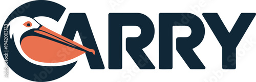 Dark blue C letter with orange pelican beak and eye next to word Carry bird
