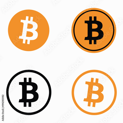 Bitcoin symbols, vector illustration featuring the iconic ₿ logo in flat, outline, and solid styles, scalable graphics for cryptocurrency
