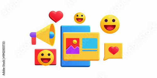 Floating smartphone with emojis megaphone and notification icons