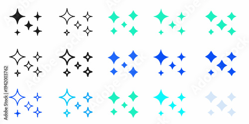 Collection of sparkling star shapes in varying colors and shades