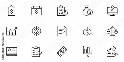 Collection of financial and business related line icons on white background