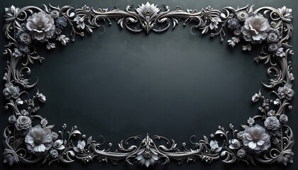 Intricate silver floral frame with ornate details, dark textured background. Elegant swirling vine patterns surround empty space. Luxurious metallic artwork suits formal announcements, decorative