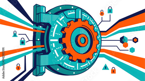 Cybersecurity Vault Door with Gear and Data Streams, Isolated on Transparent Background