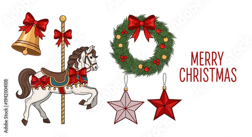 Merry Christmas Carousel Horse with Wreath and Ornaments
