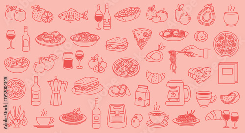 Food and drink icons on pink background