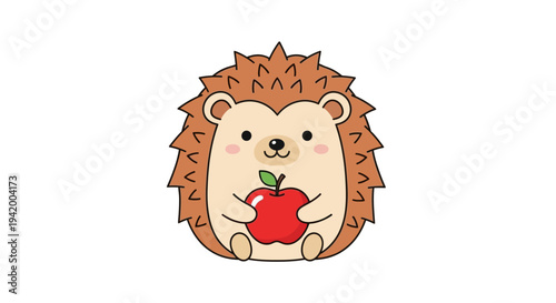 Cute Cartoon Hedgehog Holding Apple.