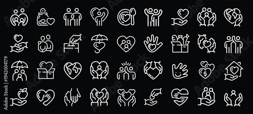 Charity human care outline icons pack. Line signs volunteering and social help, support kindness or friendly relations. Thin vector icons set perfect for web app infographic business social projects.