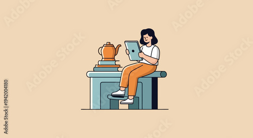 Woman sitting at a desk with a laptop and coffee