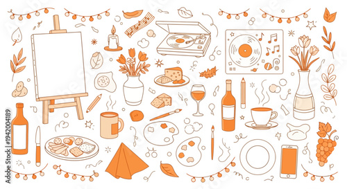 Festive dining and art party concept with various food and drink