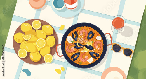 Paella dish on table with lemons and drinks outdoors
