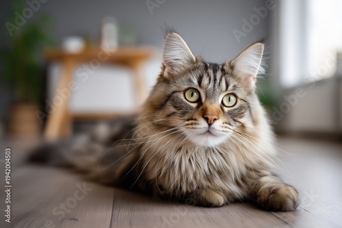 Wallpaper Mural A Maine Coon cat lying on a wooden floor in a cozy modern living room with natural window light Torontodigital.ca