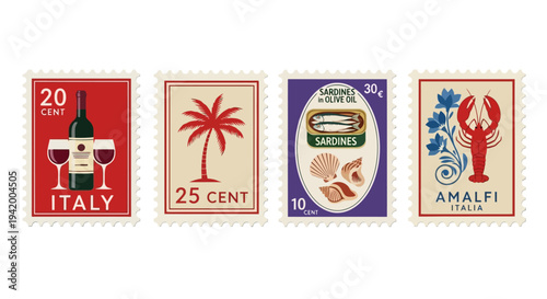 Collection of vintage travel stamps with various global destinations