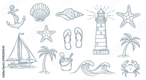 Beach icons set nautical line art summer vacation symbols