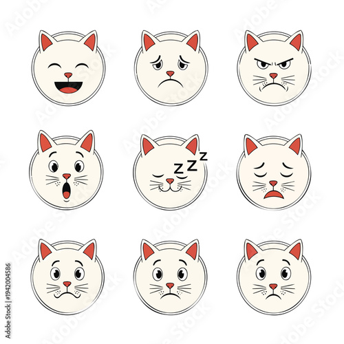 Collection of White Cat Faces Displaying Various Emotions in Circular Frames