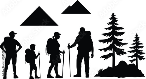 Hiking family silhouettes, outdoor adventure illustration, mountain trekking vector, forest exploration design, camping icons, nature travel concept, wilderness recreation art