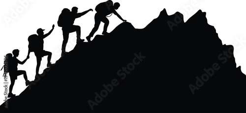 Hiking silhouette group, mountain climbing teamwork, rugged slope ascent, backpack adventure, perseverance challenge illustration, outdoor exploration lifestyle success showcase