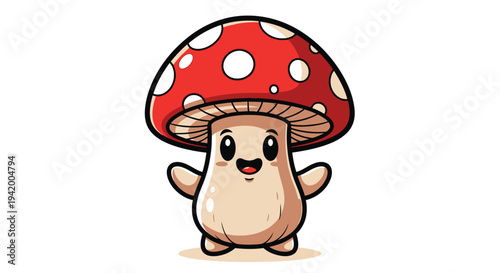 Smiling cartoon mushroom creature standing alone.