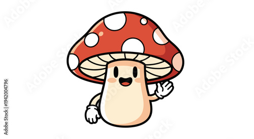 Smiling cartoon mushroom character waving hand.