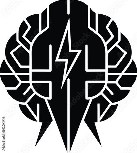 Brain with Lightning Bolt Storm Silhouette Icon
