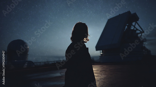 A silhouette of a person standing under a starry sky near an astronomical telescope