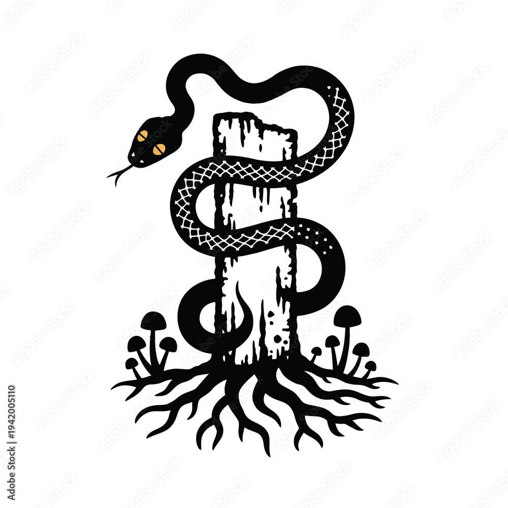 Obraz premium Black snake coiled around wooden post with mushrooms and roots serpent yellow eyes