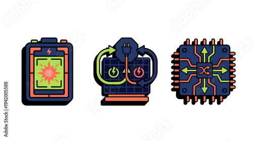 Set of Icons: Battery Charging, Solar Power Cycle, and Network Switch Chip, Isolated on Transparent Background