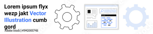 Technology, content management, web design, software development, information systems, gears. Gear icon alongside a web interface and stylized text. Technology and content management concept
