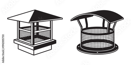 Chimney cap protector with mesh screen and metal roof for ventilation system vector illustration