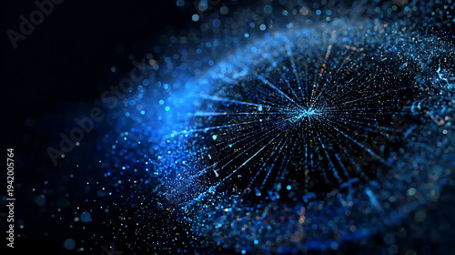 Abstract depiction of a mesmerizing blue galaxy with dynamic, glowing particles. The core is the focal point, with a dark background.