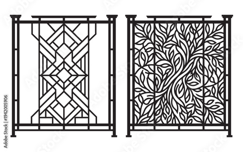 Decorative fence panels vector illustration featuring geometric and leafy patterns