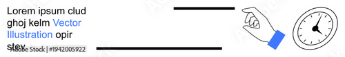 Time management, efficiency, workflows, punctuality, scheduling, deadlines. Minimalist hand design pointing towards a clock and text lines. Time management and efficiency concepts