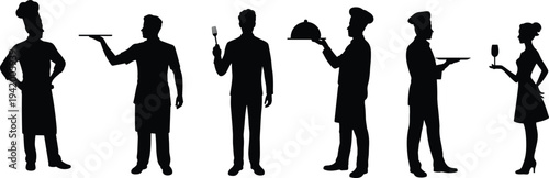 Hospitality silhouettes collection, chef figure, waiter poses, tray holding, covered dish serving, diner silhouette, wine glass guest, restaurant vector illustration