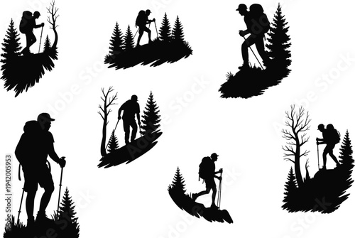 Hiking silhouettes, outdoor adventure, mountain trekking, forest exploration, backpackers, walking poles, rugged terrain, nature travel, wilderness icons, scenic environment, exploration