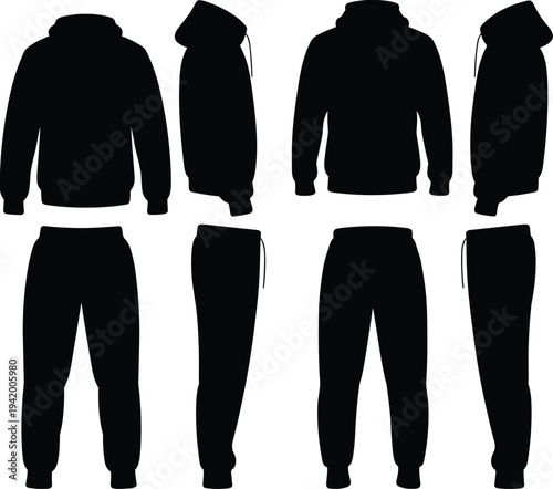 Hoodie and sweatpants silhouettes, casual wear vector, fashion design illustration, clothing pattern icons, streetwear style art, apparel concept graphic