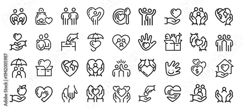 Charity human care outline icons pack. Line signs volunteering and social help, support kindness or friendly relations. Thin vector icons set perfect for web app infographic business social projects.