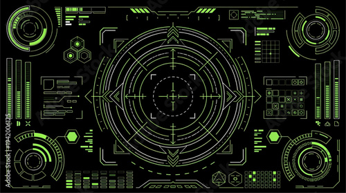 Green Futuristic HUD Interface with Central Target Reticle, Isolated on Transparent Background