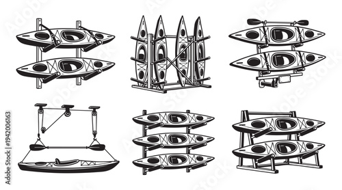 Kayaks storage rack transportation water sports equipment vector illustration