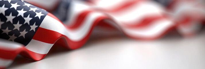 American flag fabric waving across the frame on a clean white background, symbolizing freedom, patriotism, honoring national pride,unity for celebrations. Independence Day,Constitution Day. Copy space